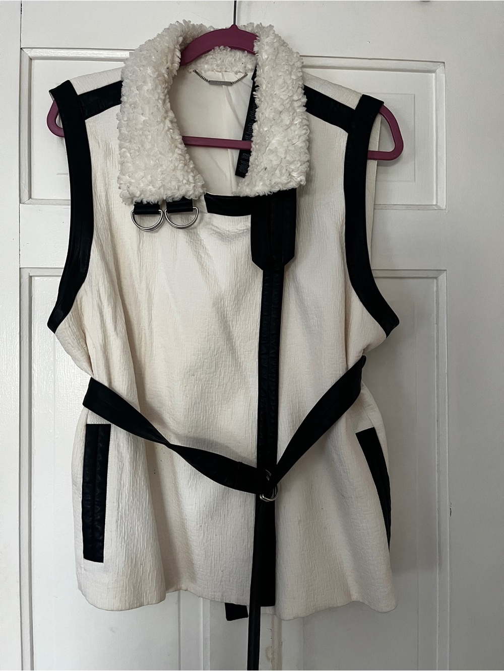Chico's Black Label Cream Faux-Shearling Trim Belted Vest with Black Trim